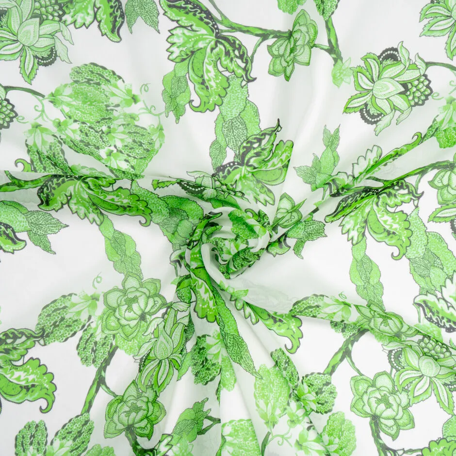 Apple Green Floral Printed White Pure Silk Georgette