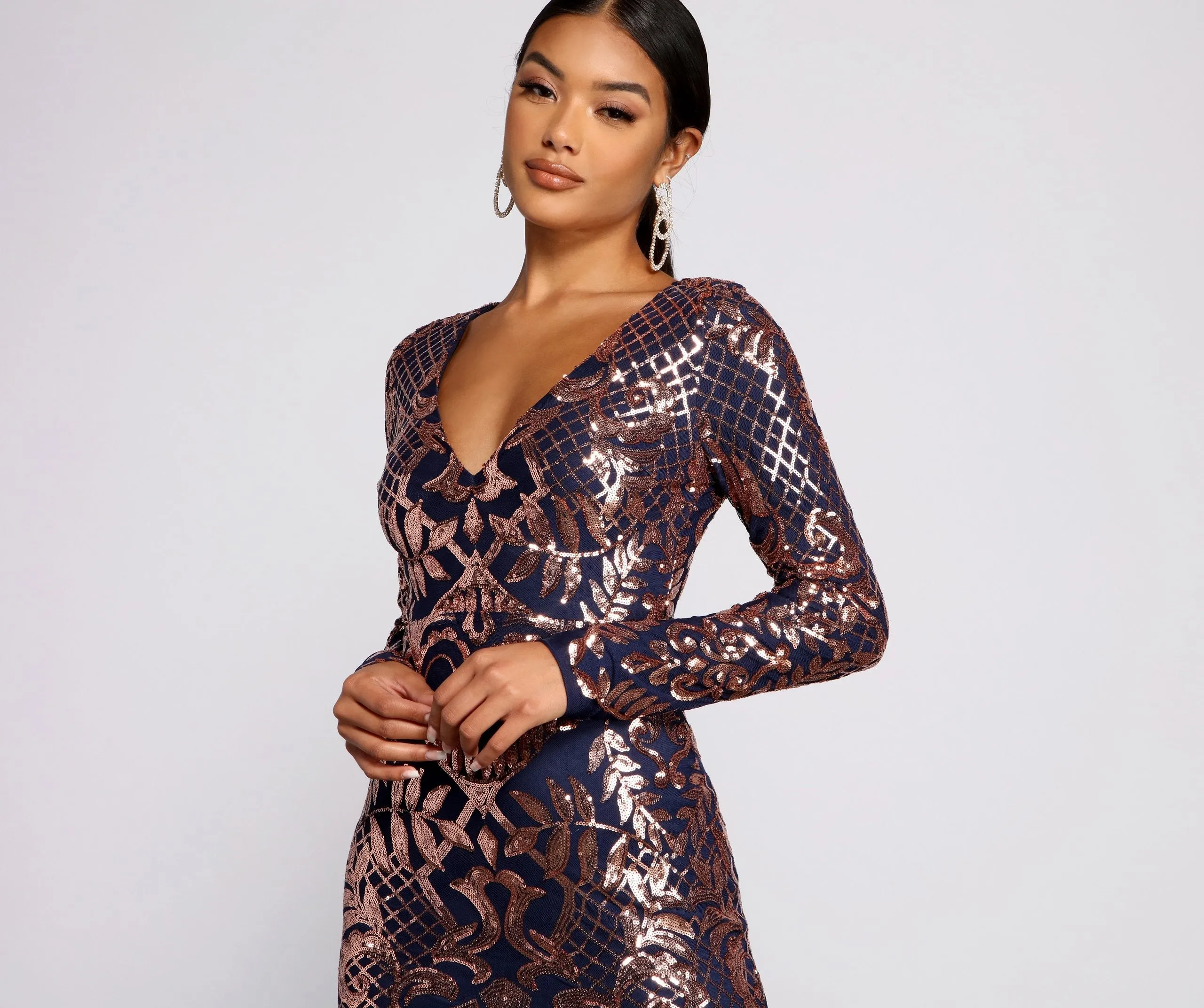 Ayla Formal Long Charming Sleeve Sequin Scroll Dress