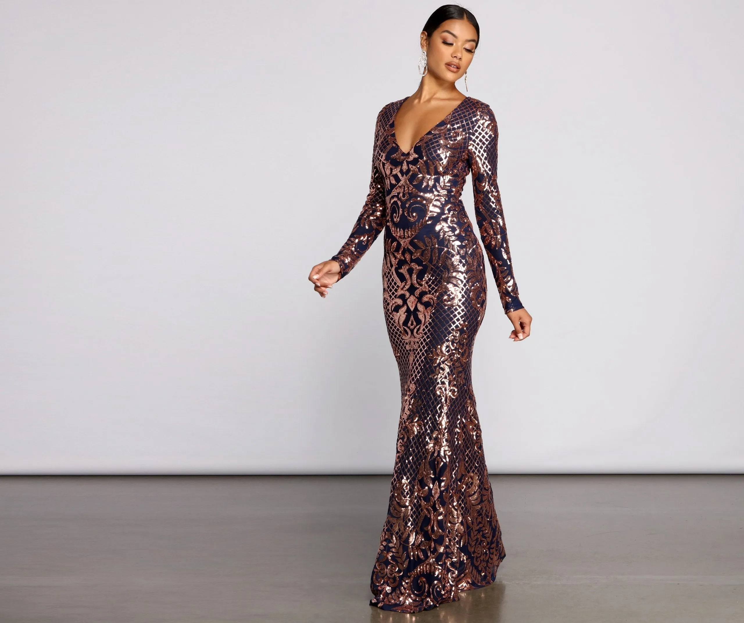 Ayla Formal Long Charming Sleeve Sequin Scroll Dress