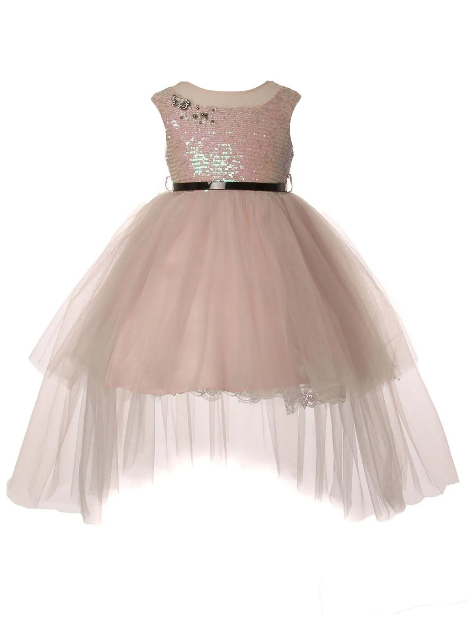 Big Girls Multi Color Sequin Tulle Belt High-Low Junior Bridesmaid Dress 2-12