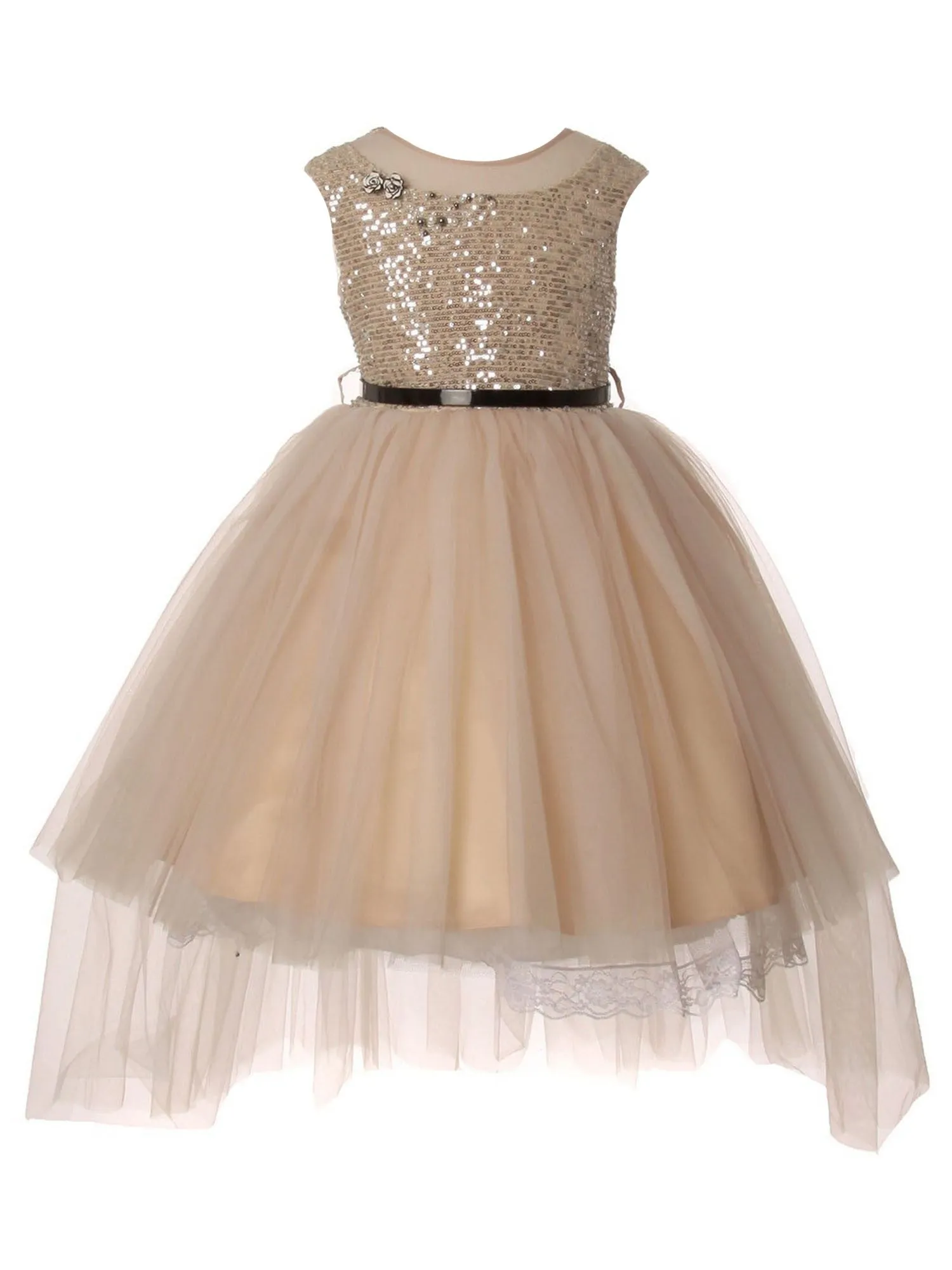 Big Girls Multi Color Sequin Tulle Belt High-Low Junior Bridesmaid Dress 2-12