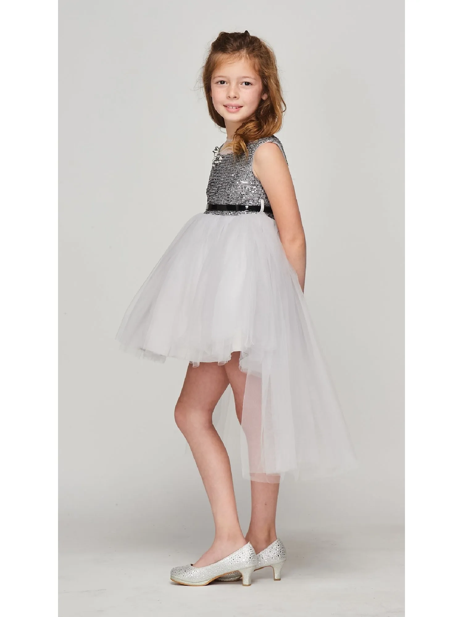 Big Girls Silver Sequin Tulle Belt High Low Christmas Dress 8-12