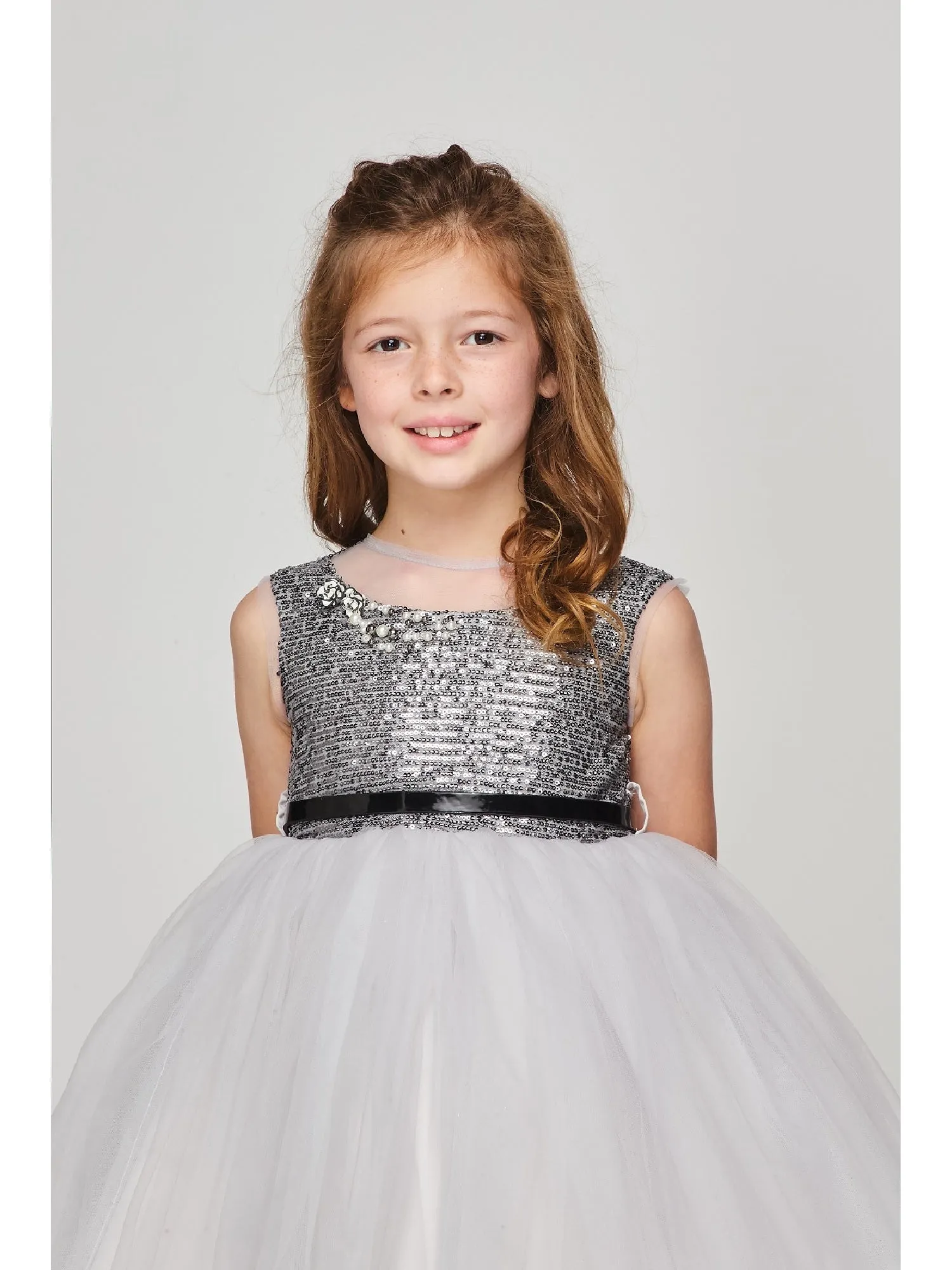 Big Girls Silver Sequin Tulle Belt High Low Christmas Dress 8-12