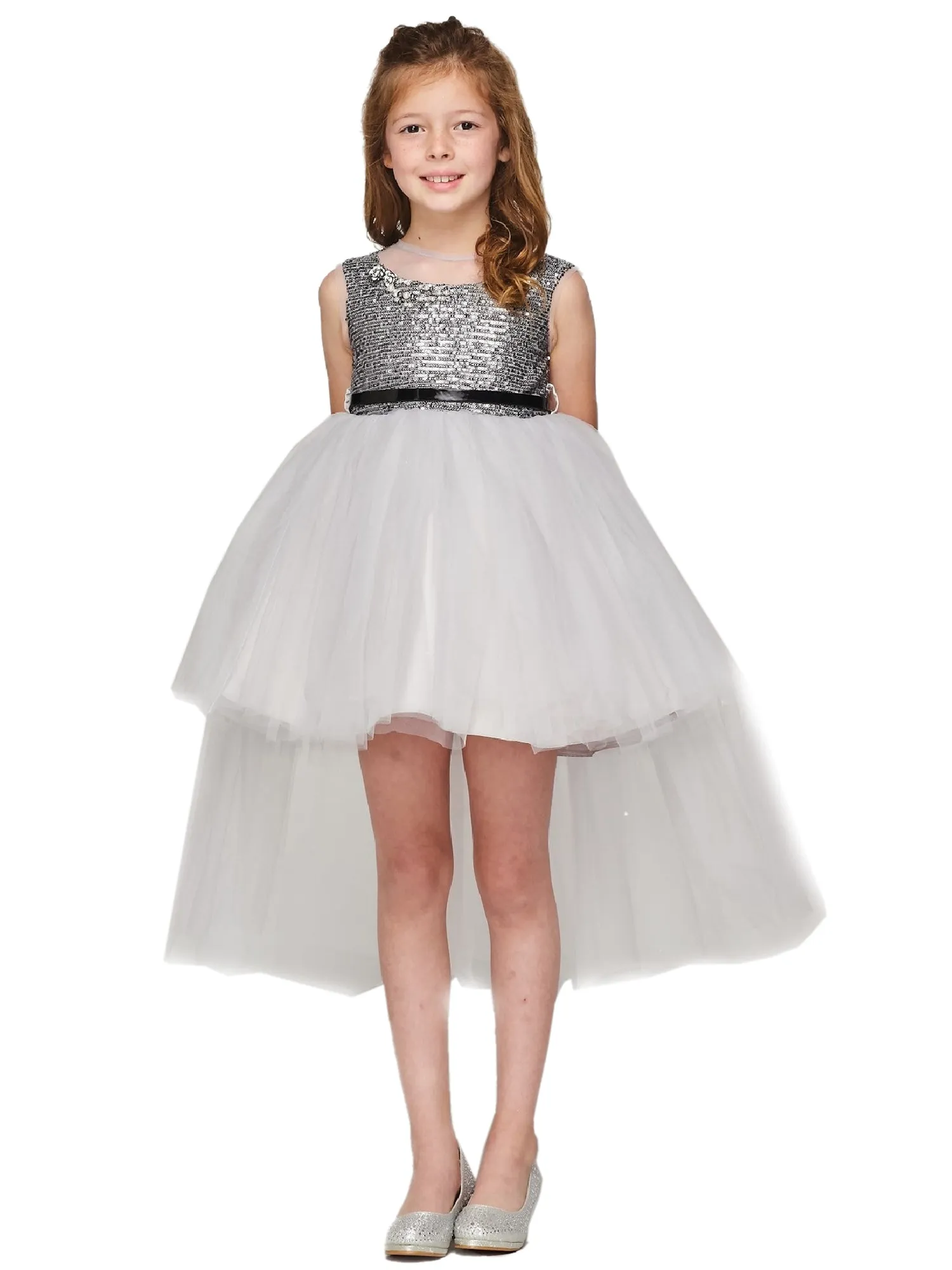 Big Girls Silver Sequin Tulle Belt High Low Christmas Dress 8-12