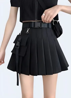 Black Cargo Pleated Mini Skirt