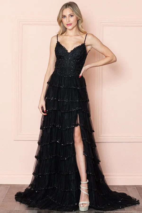 Black Lace Sequin Tier A Line Dress