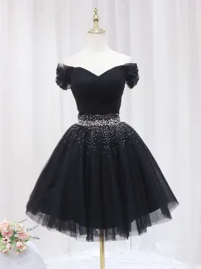 Black Off Shoulder Tulle Sequin Short Prom Dress, Black Homecoming Dresses