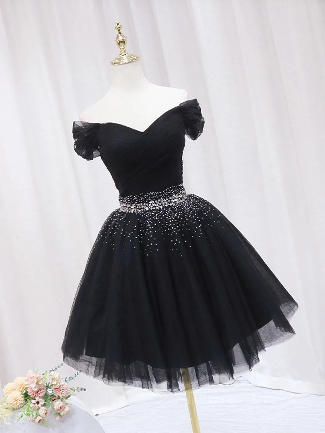 Black Off Shoulder Tulle Sequin Short Prom Dress, Black Homecoming Dresses