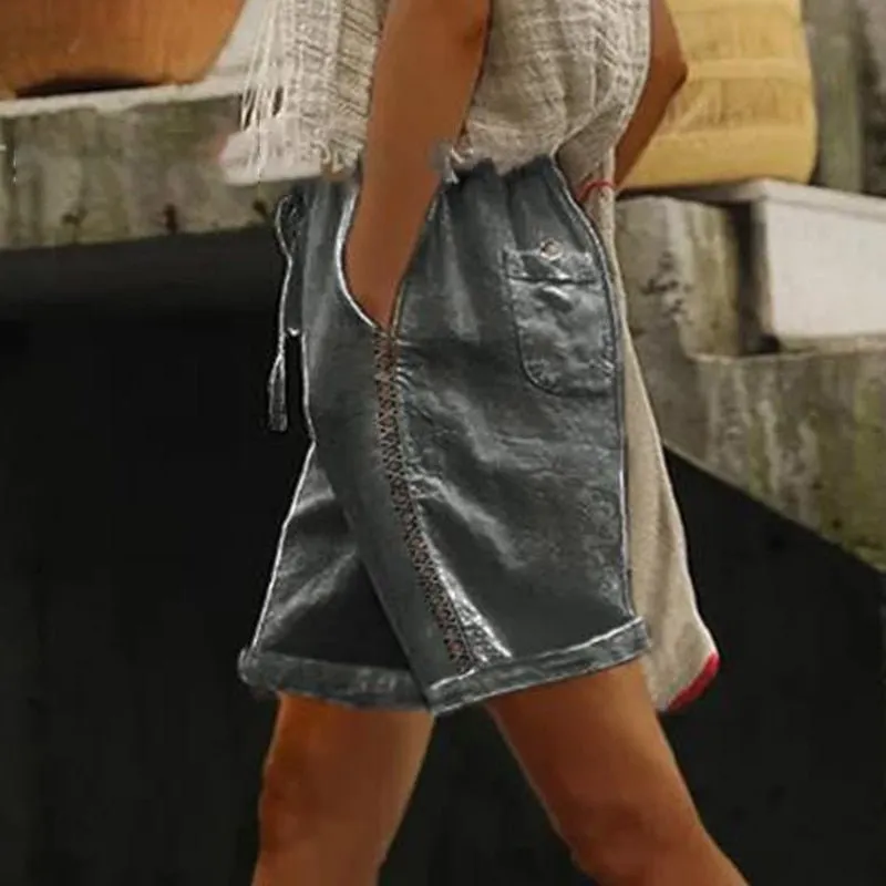 Comfy Cotton-Linen Blend Drawstring Hollow-Out Shorts