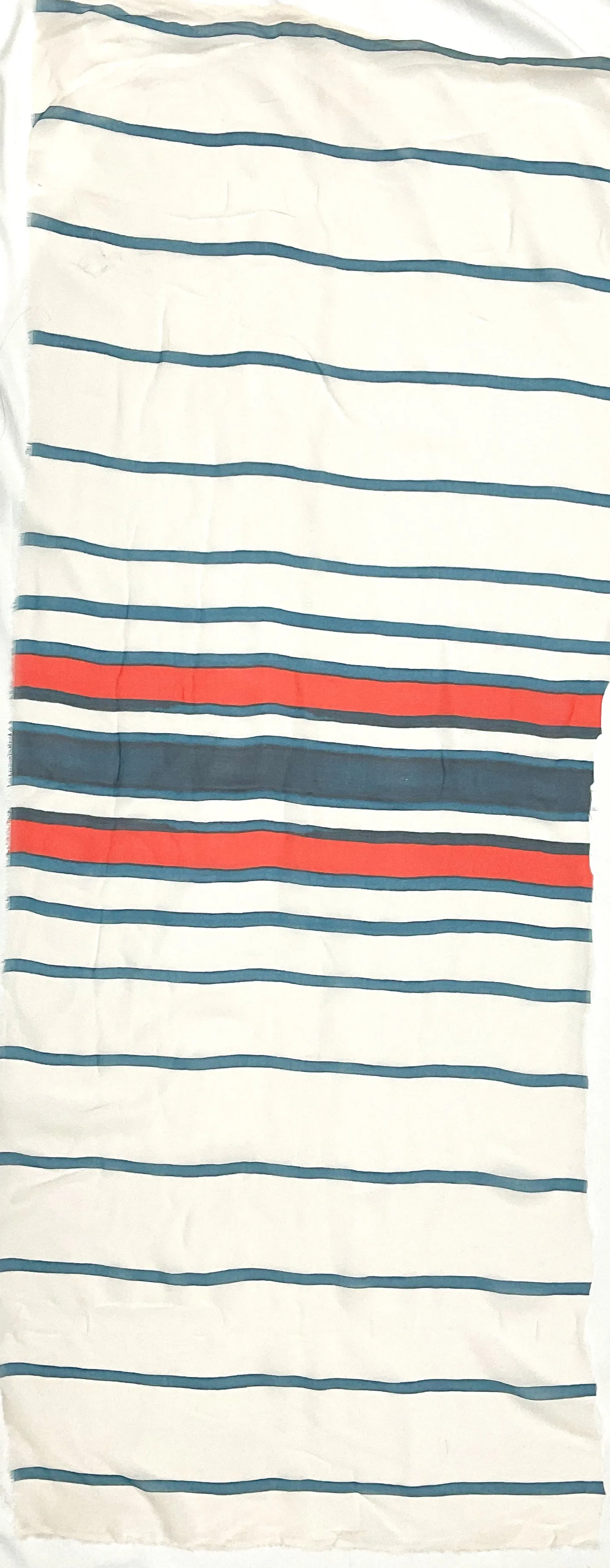 Deep Dusk Teal-Red Ivory Stripe Printed Silk Chiffon Fabric