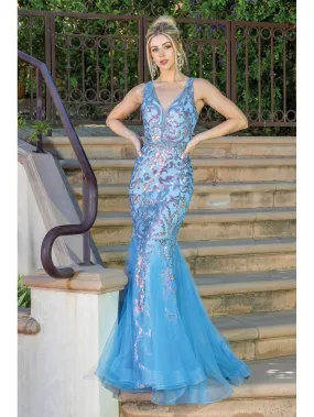 DQ 4213 Size 6 Turquoise Long Fitted Sequin Mermaid Prom Dress Pageant Gown