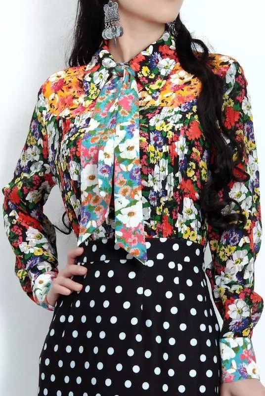 Floral Print Silk Blouse with Tie