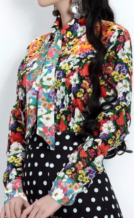 Floral Print Silk Blouse with Tie