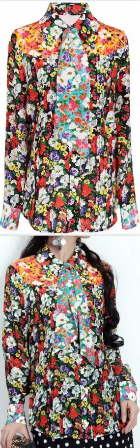 Floral Print Silk Blouse with Tie