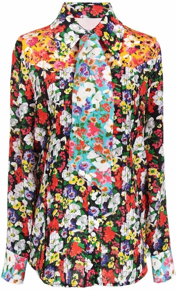 Floral Print Silk Blouse with Tie