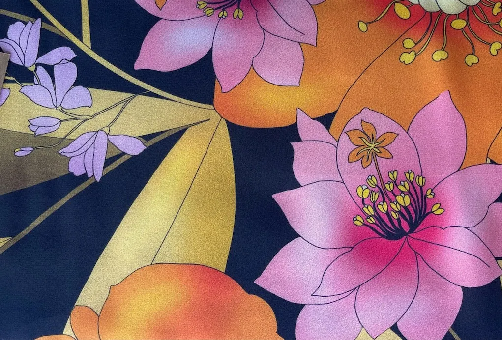 Glamorous Subtropical Hibiscus Blooms on Sable Black Silk Crepe de Chine (Made in Italy)