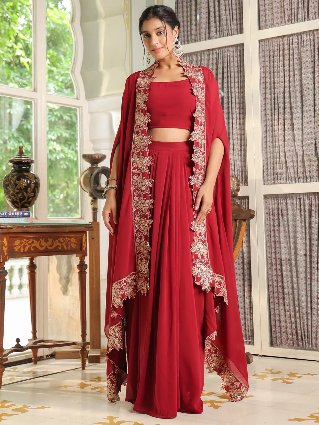 Maroon Georgette Zari Embroidered Crop Top With Skirt & Cape Set  - By Janasya