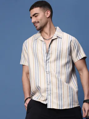 Men Beige Cuban Collar Striped Shirt