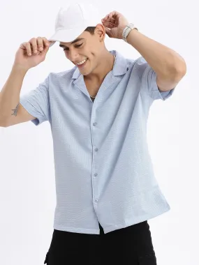 Men Cuban Collar Solid Relaxed Fit Blue Shirt