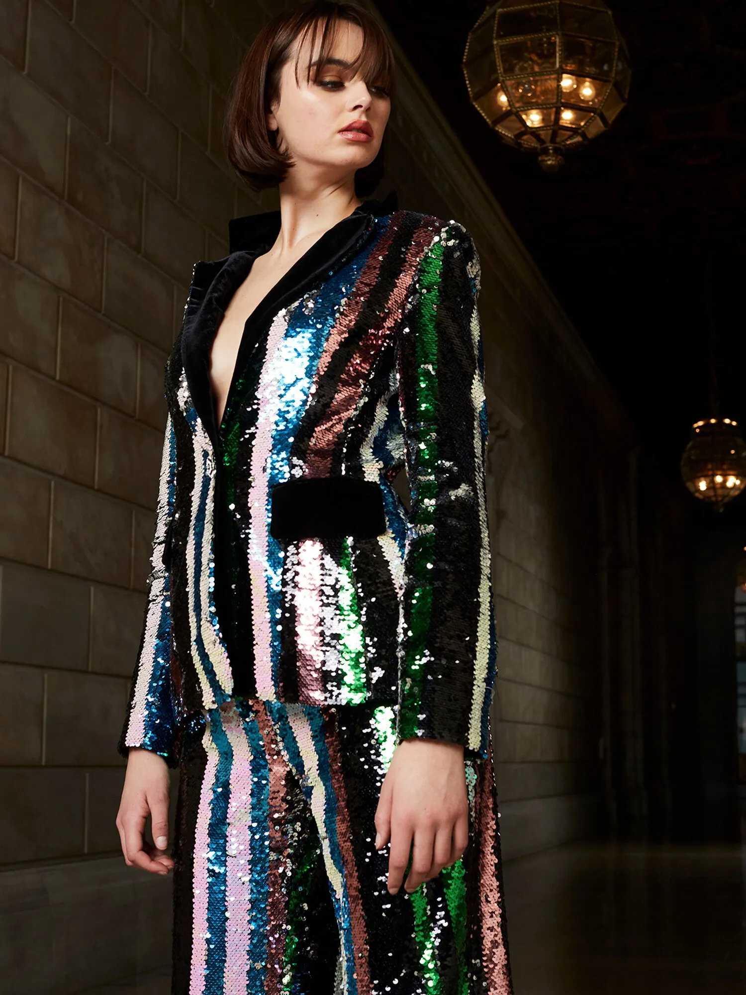 Multicolor Sequin V-Neck Pant Suit by Jovani M02942