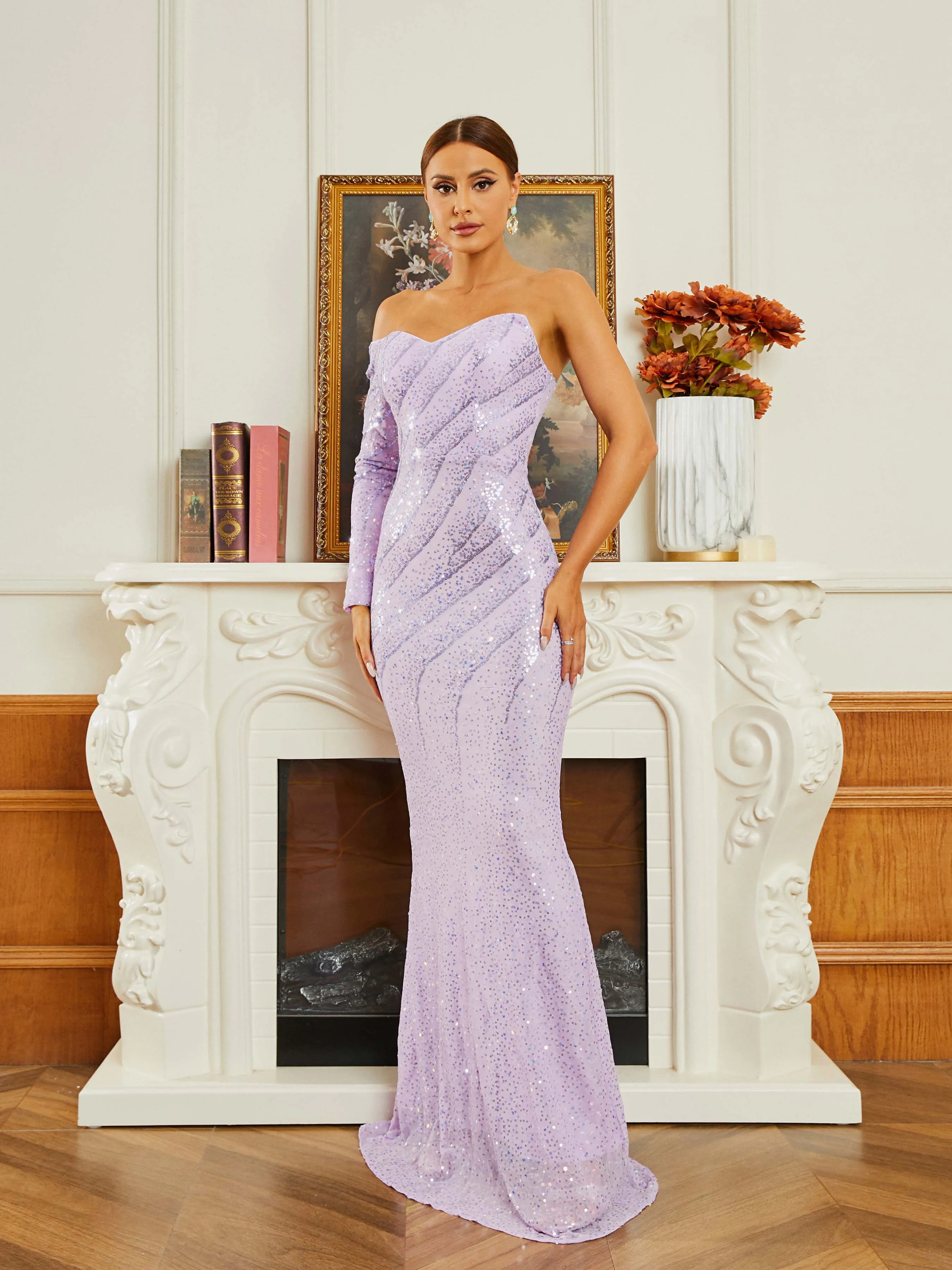 Off The Shoulder Striped Sequin Purple Evening Dress RM20449