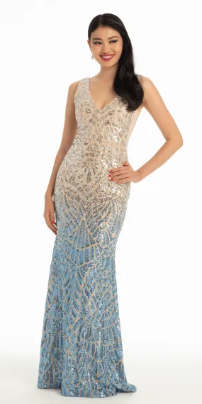 Ombre Abstract Sequin V Back Column Dress with Mesh Cut Outs