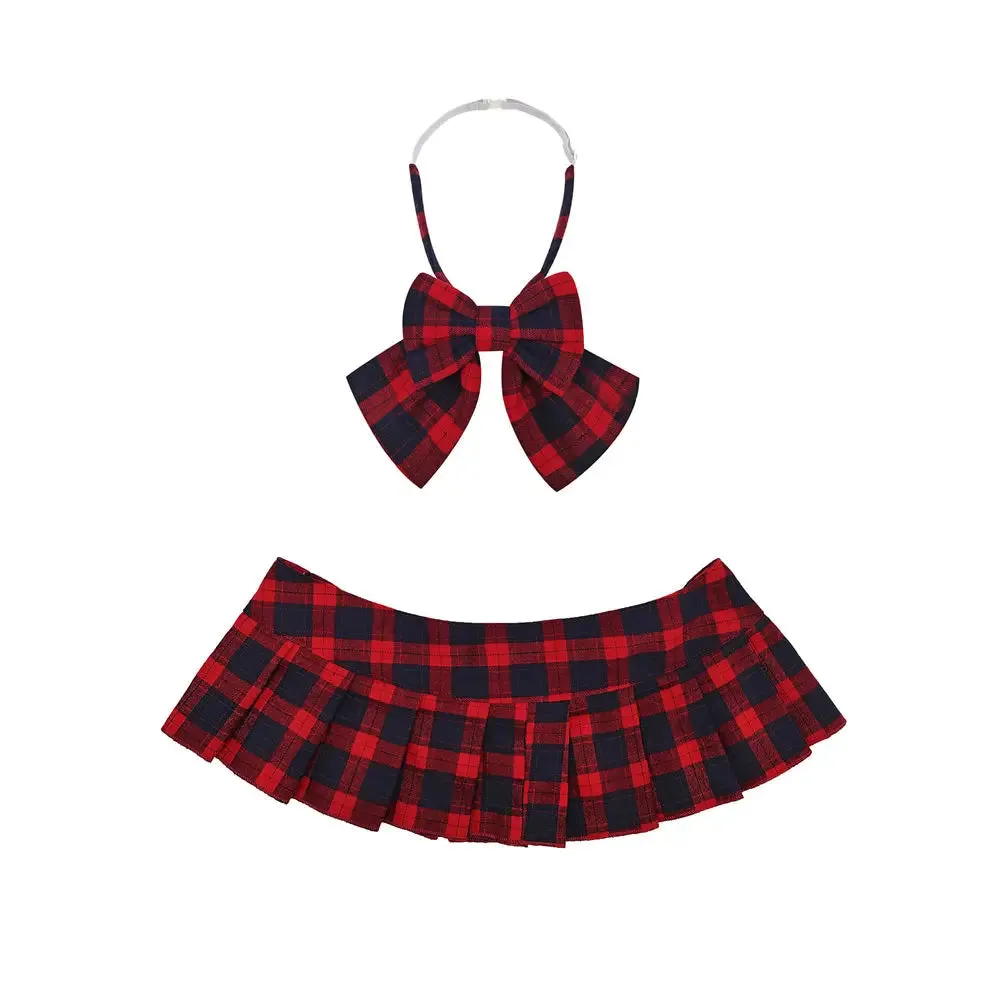 Plaid Micro Skirt   Bowtie Set