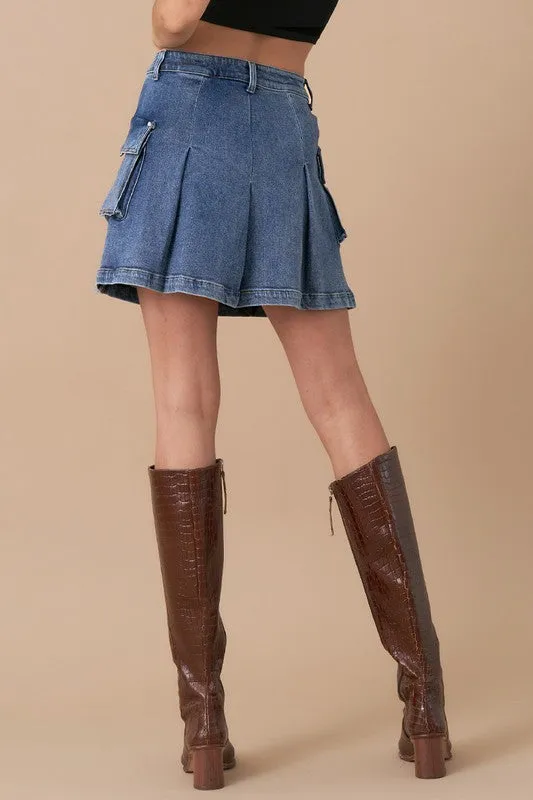 PLEATED CARGO DENIM MINI SKIRT