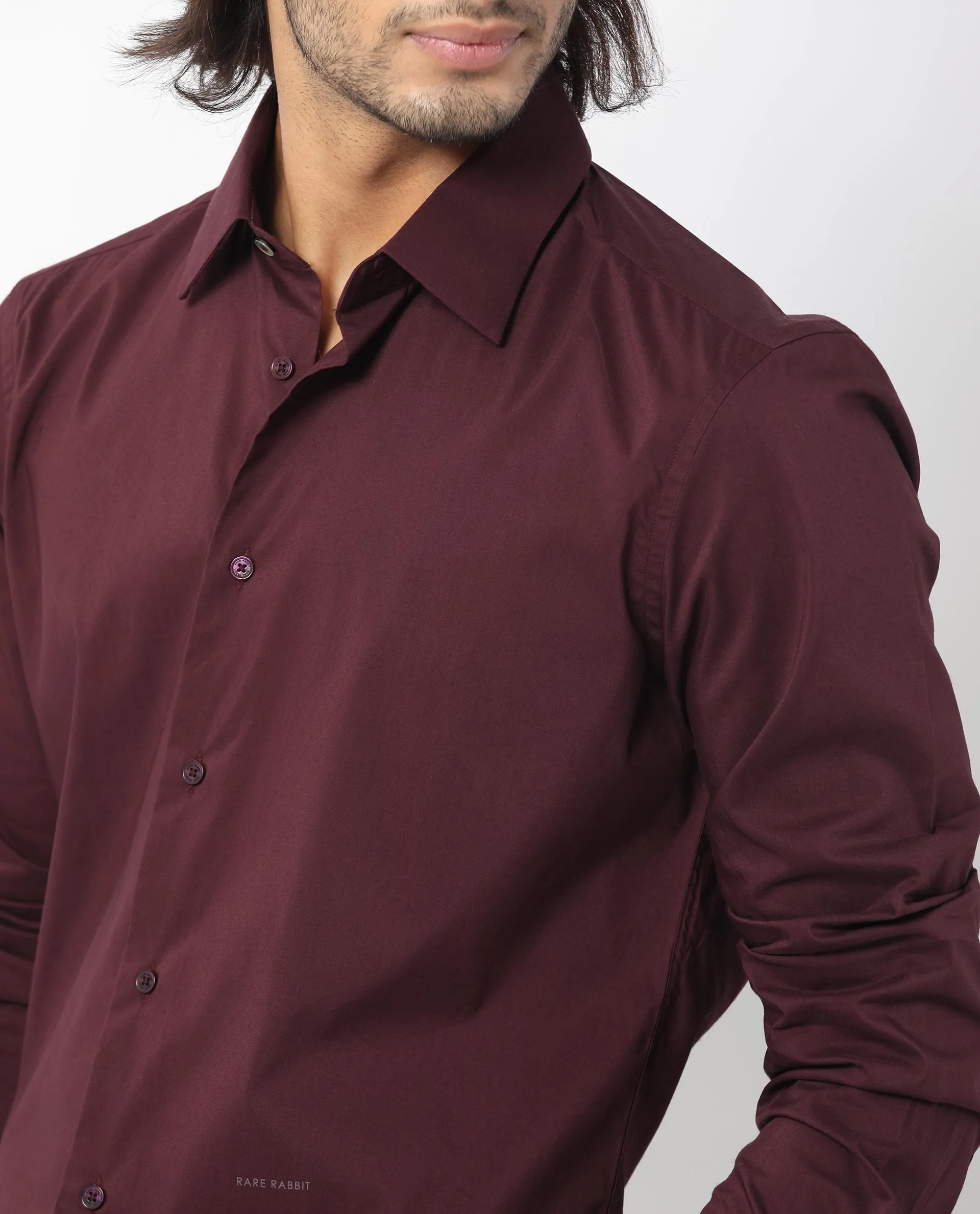 Rare Rabbit Mens Benedict Maroon Cotton Stretch Drop Collar Full Sleeve Solid Shirt