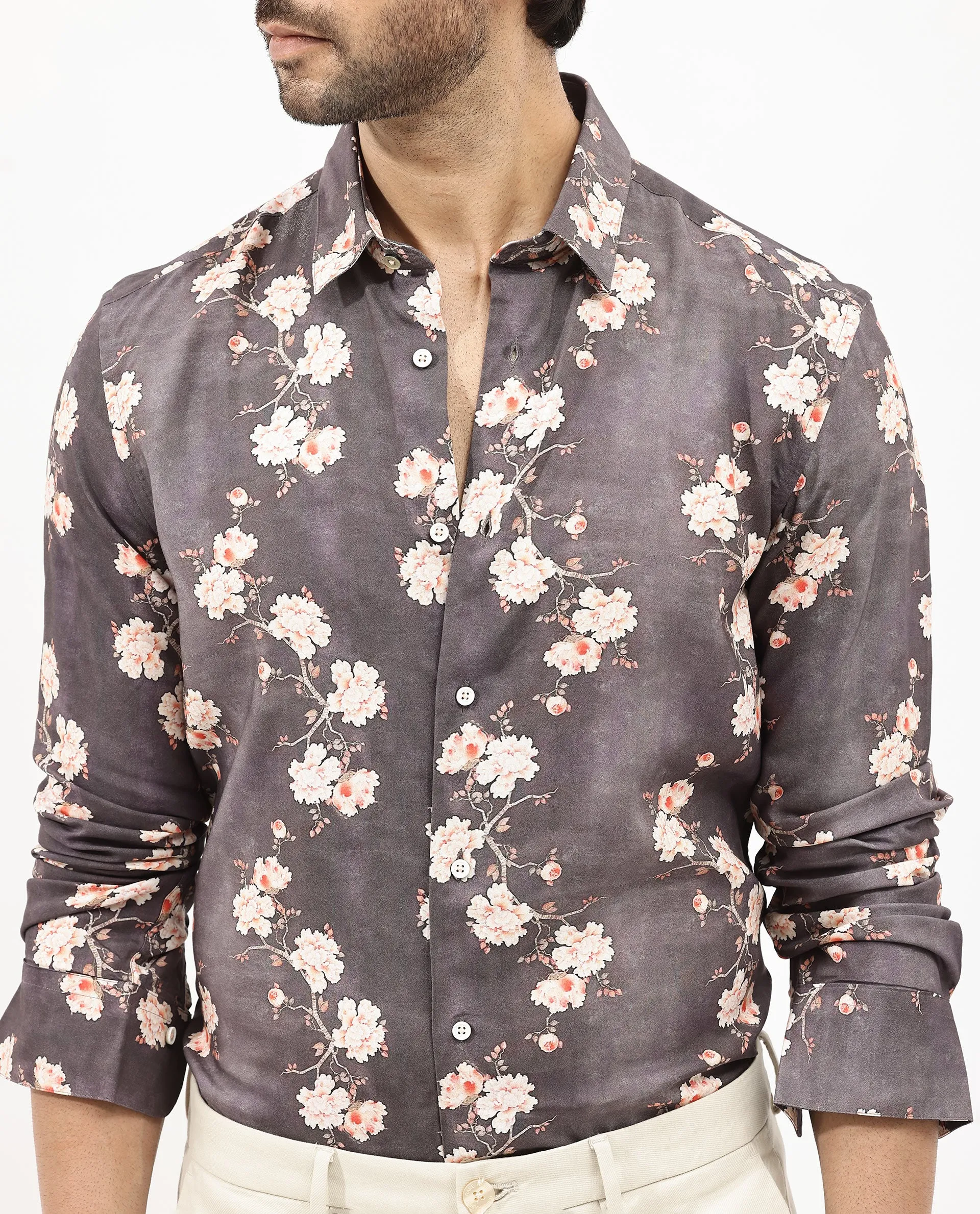 Rare Rabbit Mens Drang Dark Brown Full Sleeve Regular Fit Floral Print Shirt