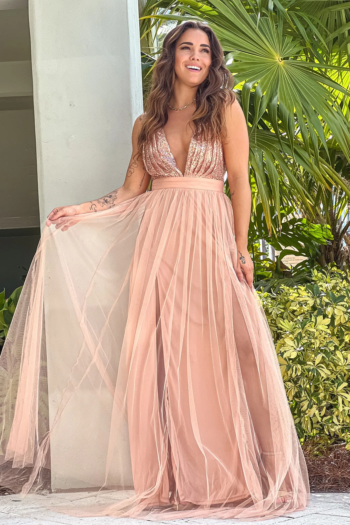 Rose Gold Tulle Maxi Dress with Sequin Top and Criss Cross Back