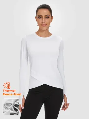 Solid White Crew-neck Crossed Hem Long-sleeve Thermal Top for Women