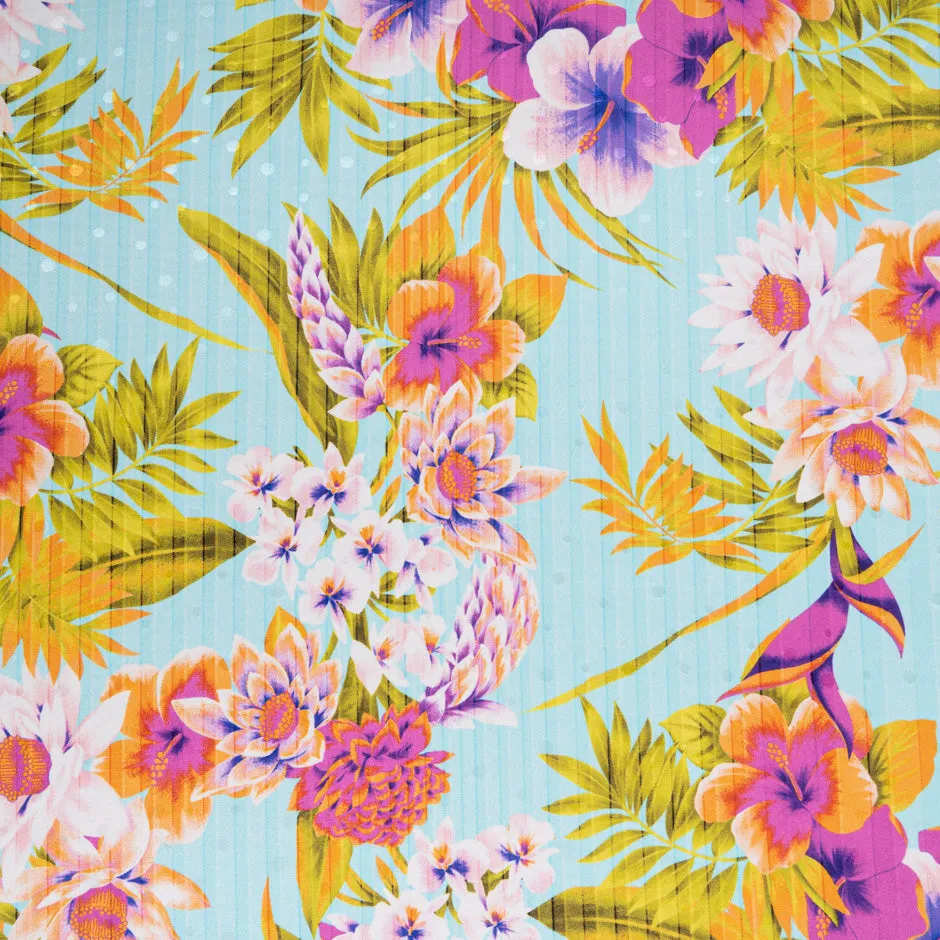 Tropical Floral Printed Baby Blue Silk Jacquard