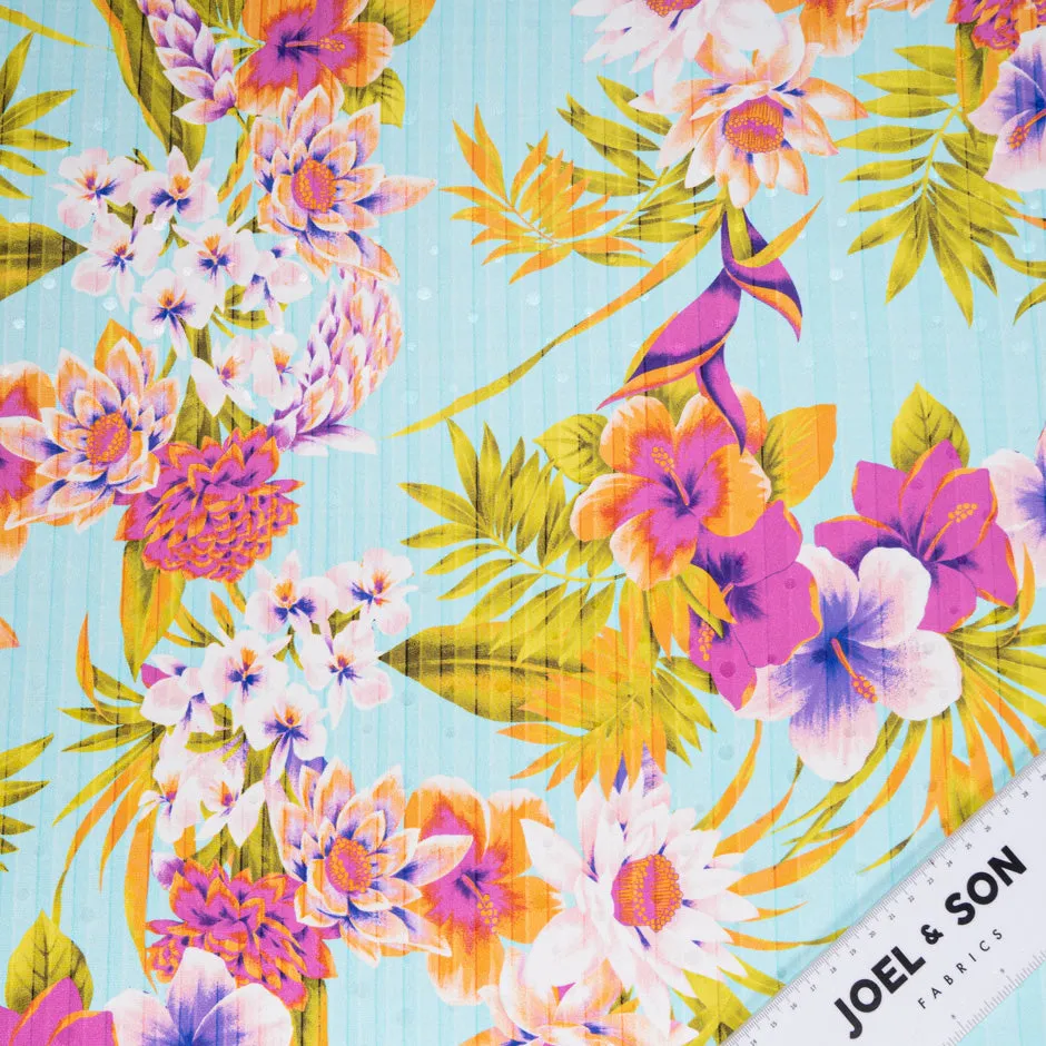 Tropical Floral Printed Baby Blue Silk Jacquard